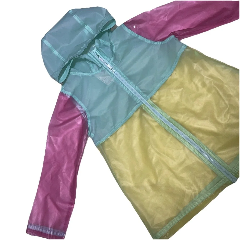 Girls Size 6 Carters Rain Coat Jacket Clear Pastel Color‎ block Pink Teal Yellow